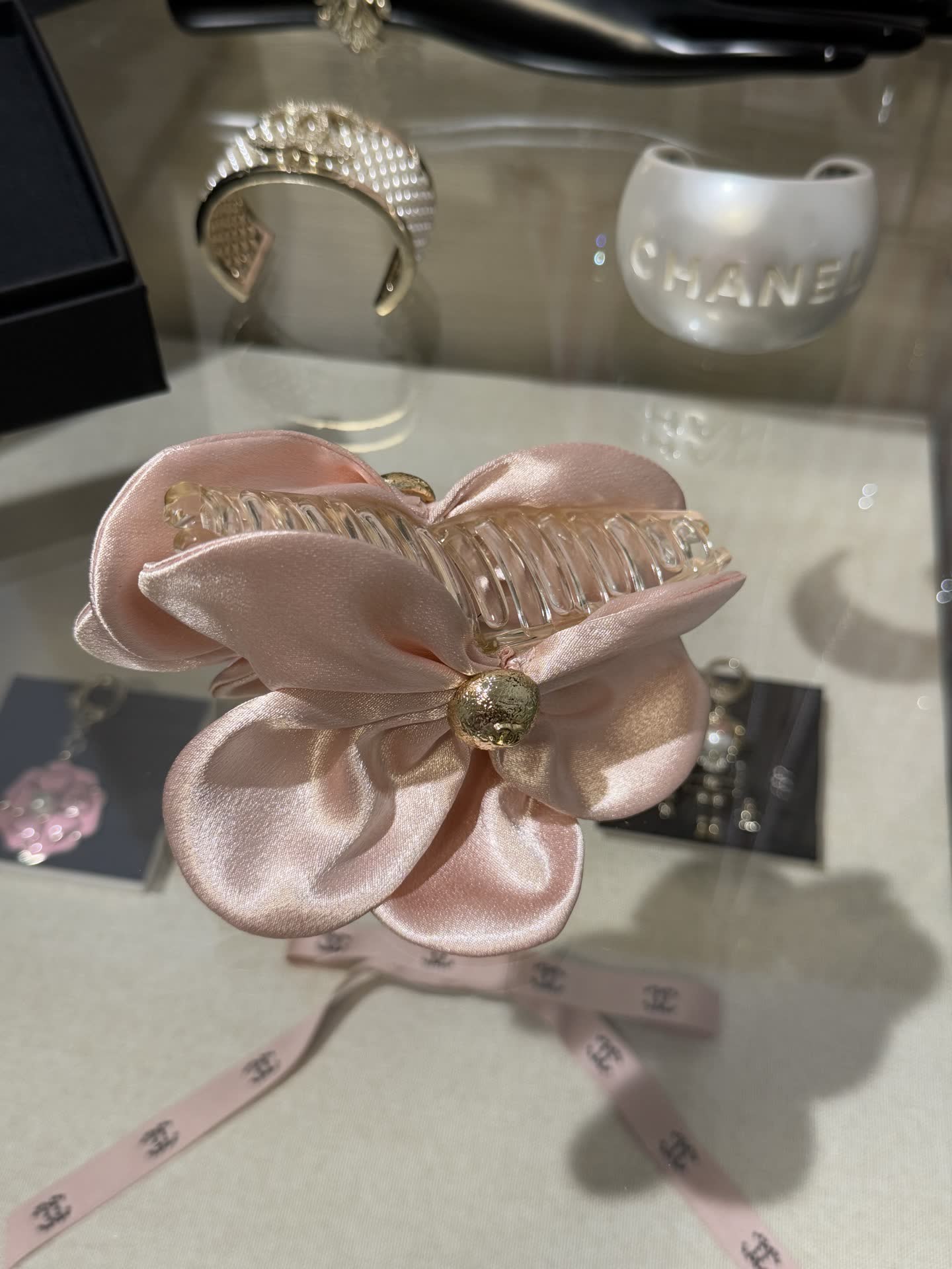 Chanel Elegant Satin Flower Hair Clip with Pearl Accents